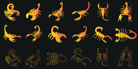 Scorpion vector illustration set on black background. Stylized, distinctive features highlighted. Ideal for astrology, zodiac, Scorpio, Halloween, horror themes.