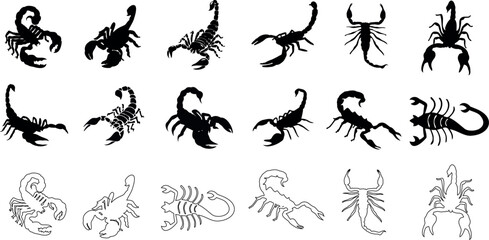 Scorpion vector illustration set - diverse, striking black and white scorpion icons, ideal for tattoos, logos - obrazy, fototapety, plakaty