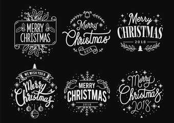 Merry Christmas. Happy New Year, 2023. Typography set. Vector logo, emblems, text design. Usable for banners, greeting cards, gifts etc.