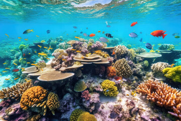 Vibrant underwater coral reef with diverse fish swimming among corals