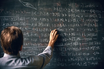 man solving complex mathematical equations on a large chalkboard - obrazy, fototapety, plakaty