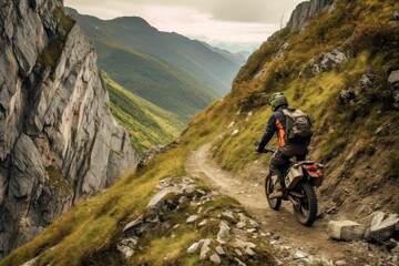 Fototapeta na wymiar Motorcyclist riding on a narrow mountain trail with dramatic cliffs