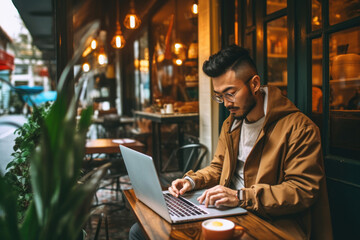 Young Asian man focused on work using laptop in a cozy outdoor cafe - 681458231