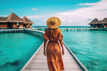 Woman in a summer dress walking on a pier in the Maldives