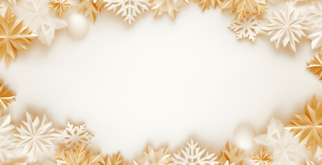 White and gold paper snowflakes banner on a white background.For greeting card o web page design. Christmas or New Year event organizing agency.Copy space for text.