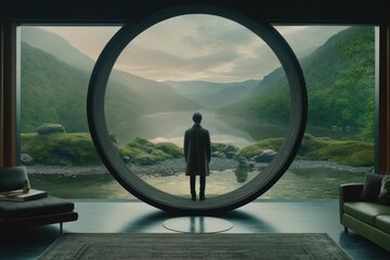 Man standing at a circular window overlooking a serene mountainous landscape - obrazy, fototapety, plakaty