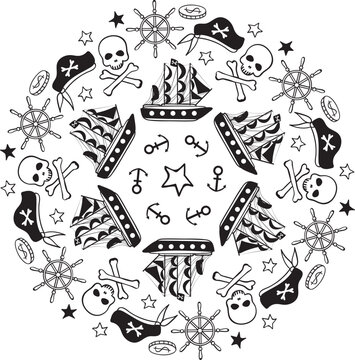Piracy decorative ornament, pirates mandala vector doodle pattern