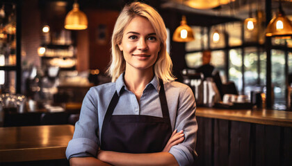 A female worker in a cafe, confidently going about her job