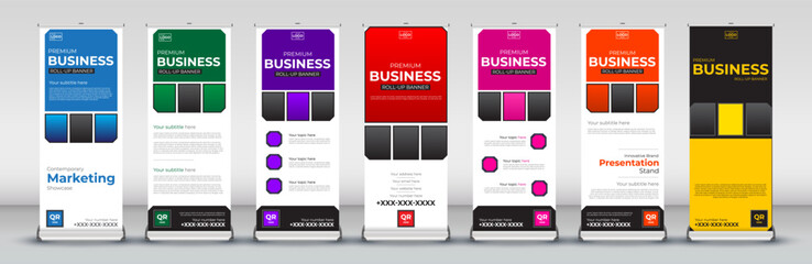 Modern business roll up Banner Design set for signboard Advertising Template standee X banner for Street Business in red, green, blue, yellow, orange, purple, orange   