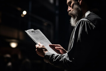 A theater director engrossed in a script, making notes for the upcoming rehearsal - obrazy, fototapety, plakaty