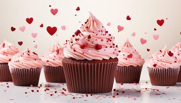Tasty cupcakes for Valentine's Day background copy space. Festive cupcakes with a heart inside for Valentine's Day decorated with sprinkles with hearts on a white plate. Love concept.