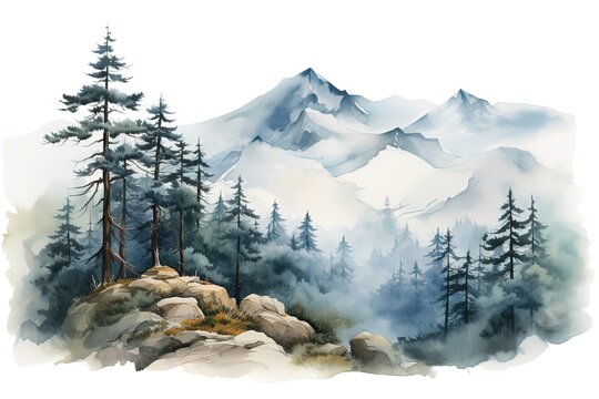 watercolor landscape foggy coniferous forest in the mountains on white background