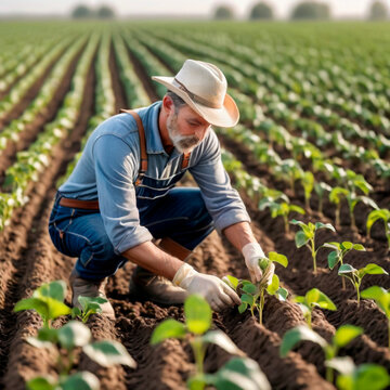 Portrait of senior man farmer standing in sunflower seedling field.IA generativa