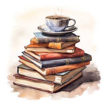 watercolor clipart stack of books and cup of coffee on white background