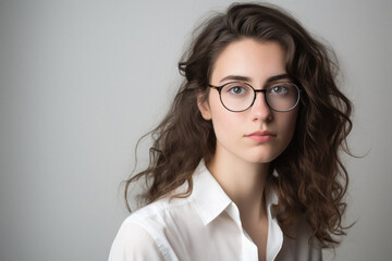 Portrait of a beautiful young brunette woman with long curly hair.