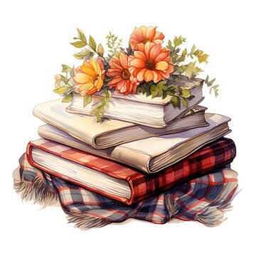 watercolor clipart stack of books and orange flowers on white background