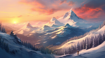 Winter mountain landscape at sunrise