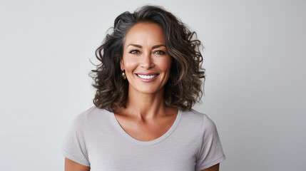 Portrait of beautiful mature woman smiling and looking at camera over white background.