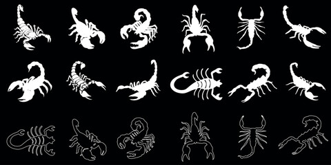 scorpions Vector illustration set on black background, diverse styles and poses for versatile use in design projects. Ideal for logos, tattoos, zodiac-related content, and more