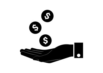 Hand Holding Coin Icon Silhouette Black and White. Vector Illustration. Growing Money, Saving and Investment Concept. 