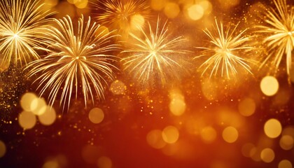  Festive golden fireworks on a red background with bokeh, text space
