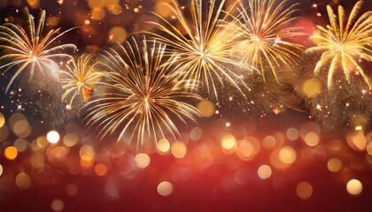 Fototapeta premium Festive golden fireworks on a red background with bokeh, text space