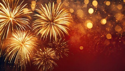  Festive golden fireworks on a red background with bokeh, text space - obrazy, fototapety, plakaty