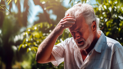 Senior man with heat exhaustion wiping forehead, tropical setting.
