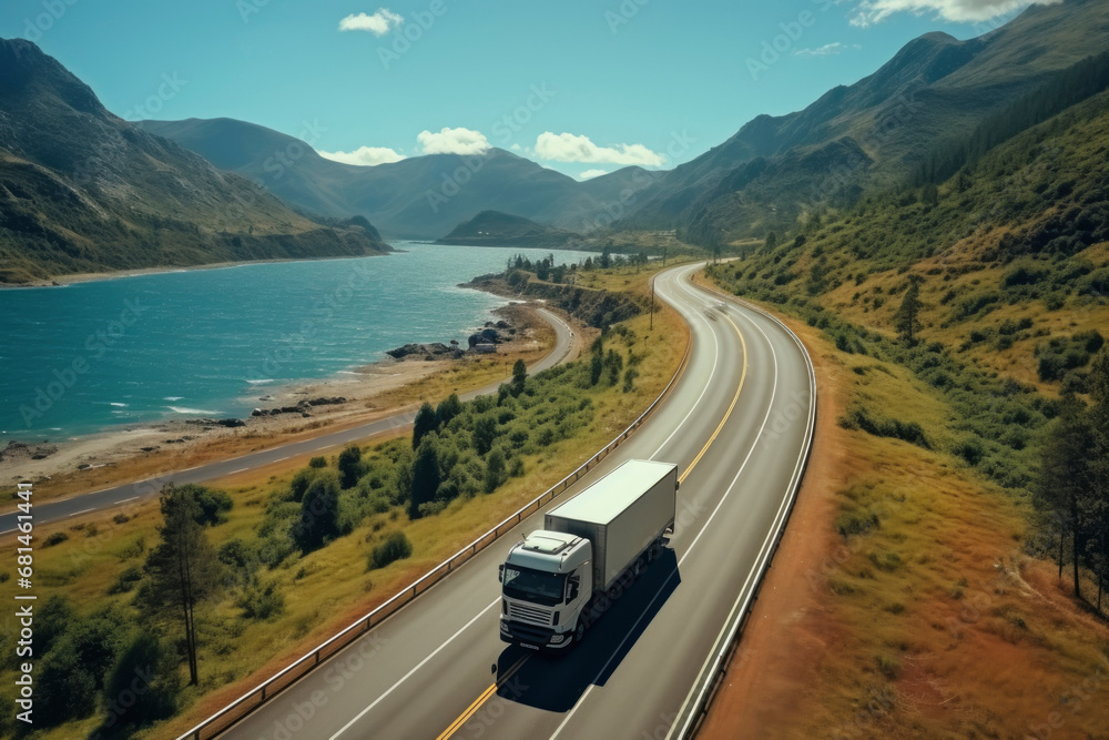 Wall mural Truck with container on highway, cargo transportation concept.