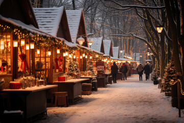 romantic christmas market with illuminated and decorated wooden shops in snow - obrazy, fototapety, plakaty