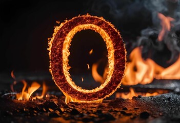 AI generated illustration of an illuminated letter O against a backdrop of smoke and fire