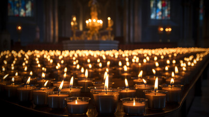 A group of candles are lit in a church - obrazy, fototapety, plakaty