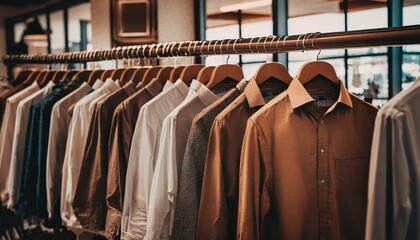 Fototapeta na wymiar Men's shirts on hangers in clothing store