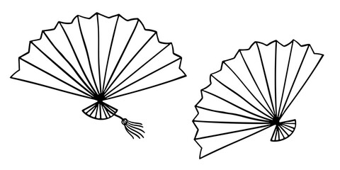 Open folding hand fan with tassel isolated on white. Black line drawing sketch in doodle style. Vector picture for women's accessories or asian tradition illustration, oriental design, print. - obrazy, fototapety, plakaty