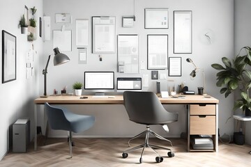 Modern office workspace with sleek desk, computer, and organizational tools.