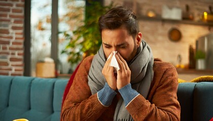Seasonal flu concept Young man battling illness at home - obrazy, fototapety, plakaty