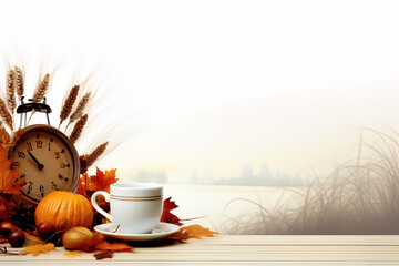 A white coffee cup and an alarm clock are placed beside the Bible on a wooden table in the morning to prepare for Bible study and watch the beautiful scenery in the morning after drinking coffee