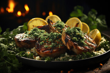 Grilled Lamb chops with herbs, lemon and pesto on a plate and black background. - obrazy, fototapety, plakaty