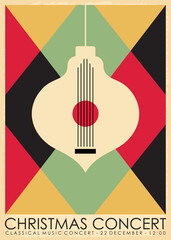Retro poster design idea for Christmas concert. Vintage musical holiday flyer. Christmas vector illustration.
