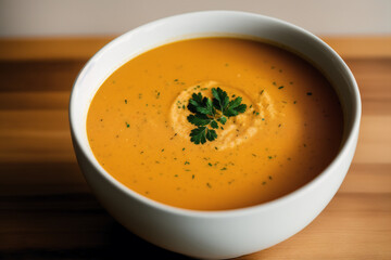 Soup. Pumpkin soup with cream and parsley. Creamy tomato soup. Chicken noodle soup. Generative AI