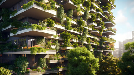 Modern green living in the city with lots of plants on the terraces and balconies - obrazy, fototapety, plakaty