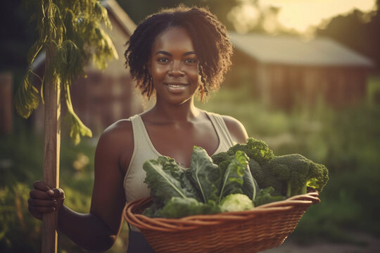 Joyful female agriculturist with fresh organic harvest in basket, sustainable farming, agribusiness. Generative AI.