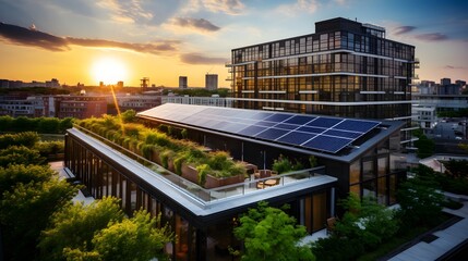 Green hotel initiatives, high-angle shot of a verdant hotel rooftop garden, solar panels gleaming in the sun, emphasizing sustainability in hospitality.