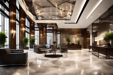 Elegant office lobby with modern furniture and ambient lighting, creating a welcoming and professional atmosphere.