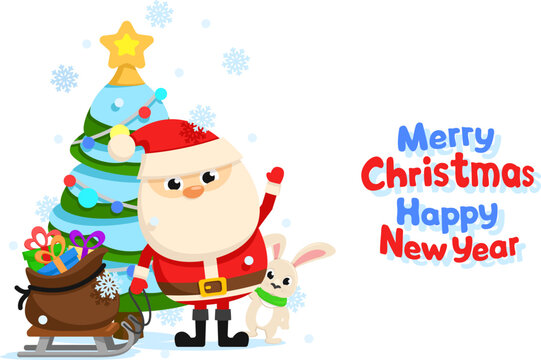 Santa Claus waves his hand with a bag of gifts and a Christmas tree on a white. Christmas character