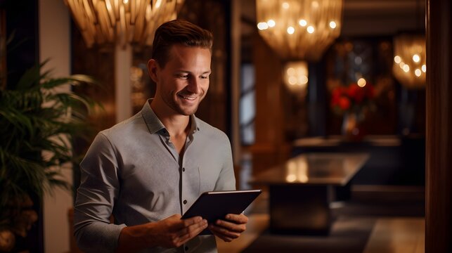 Guest feedback, over-the-shoulder shot of a guest leaving a glowing review on a tablet, the contented smile signifying a job well done.