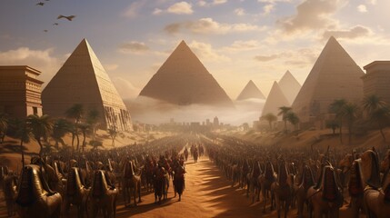 a grand procession celebrating the victory of an Egyptian pharaoh in battle - obrazy, fototapety, plakaty