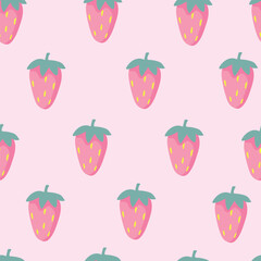 Seamless pattern with cartoon strawberry on pink background. Vector illustration.