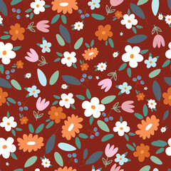 Cute Hand Drawn Floral Seamless Vector Patterns. Colorful Flowers, Leaves Isolated on a brown Background. Infantile Style Florals Print ideal for Fabric, Textile.