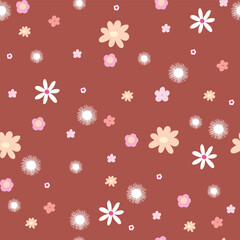 Seamless pattern with small flowers on brown background, cute print. Vector illustration.